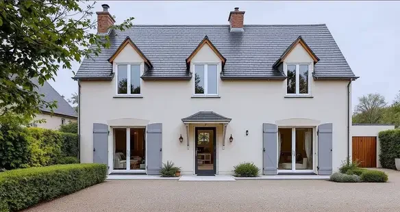 La photo du bien cadrée pour la publication : maison de plain-pied à deux niveaux, façade claire, volets gris, allée gravillonnée.