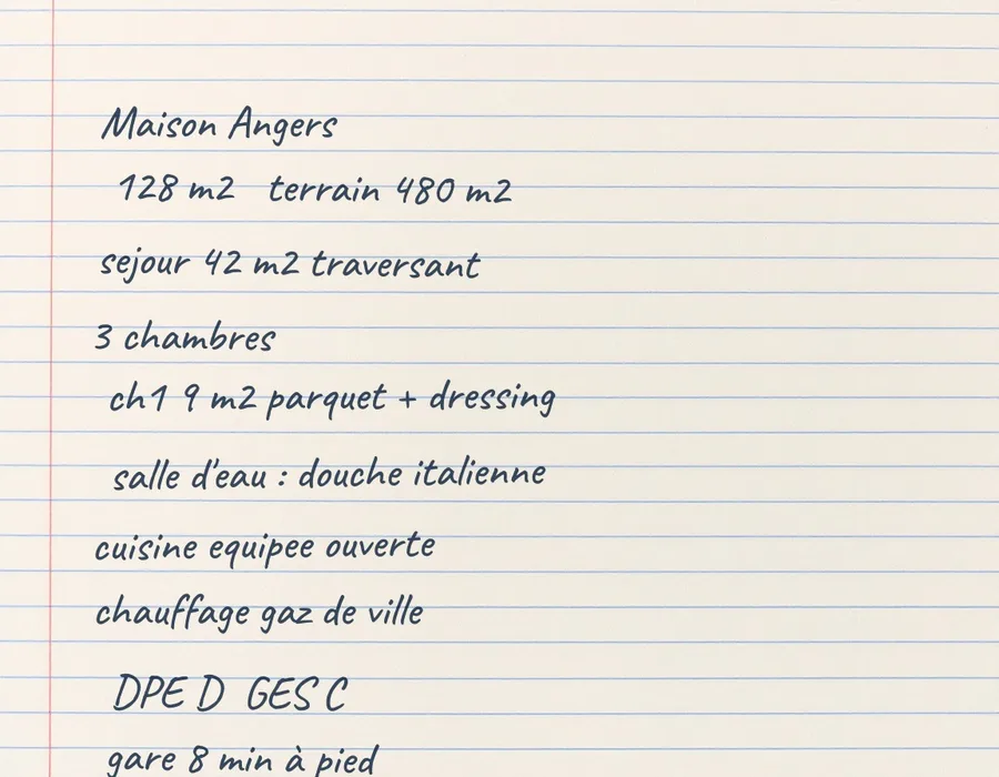 Photographie d'une page de carnet manuscrite : Maison Angers, 128 m2, terrain 480 m2,
                        séjour 42 m2 traversant, 3 chambres, ch1 9 m2 parquet + dressing, salle d'eau douche
                        italienne, cuisine équipée ouverte, chauffage gaz de ville, DPE D GES C, gare 8 min à pied.