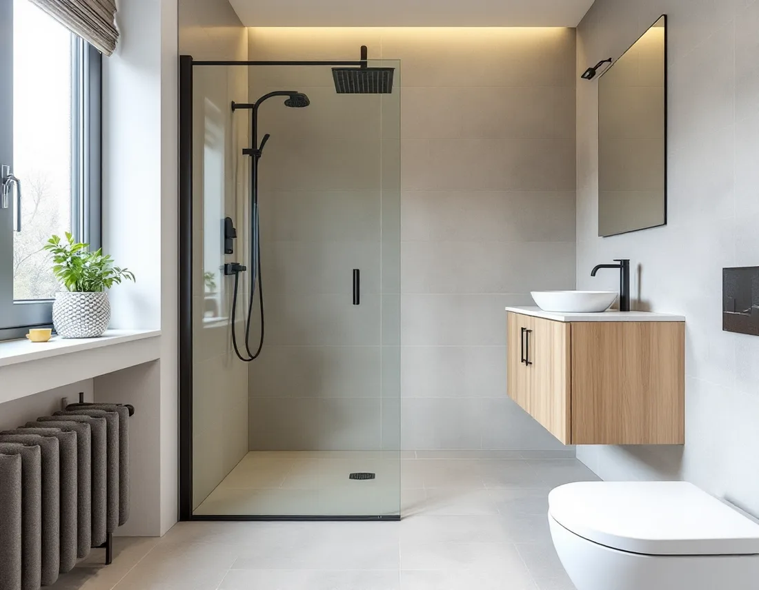 Salle d'eau du bien de démonstration : douche à l'italienne fermée par une paroi
                      de verre sans cadre, receveur de plain-pied, grand carrelage gris clair.
