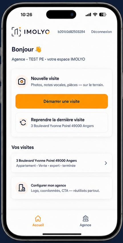 L’application IMOLYO : écran d’accueil avec le bouton Démarrer une visite