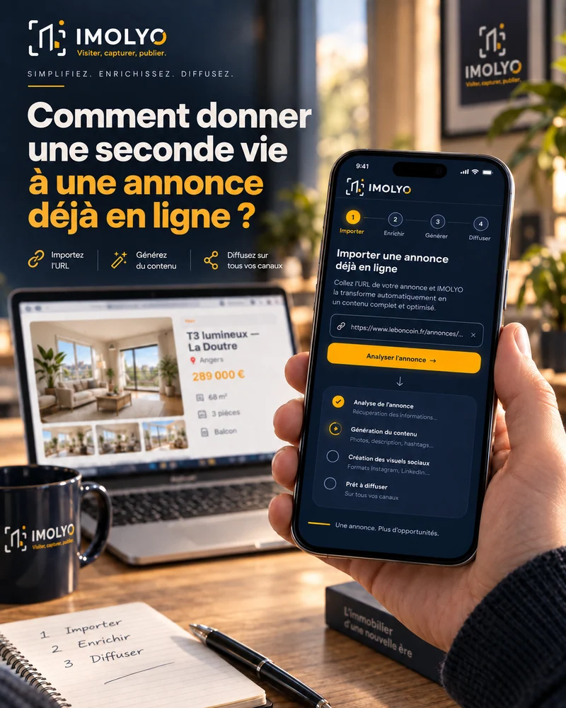 Import d'une annonce déjà en ligne par son URL, puis analyse, génération de contenu et création des visuels sociaux en quatre étapes