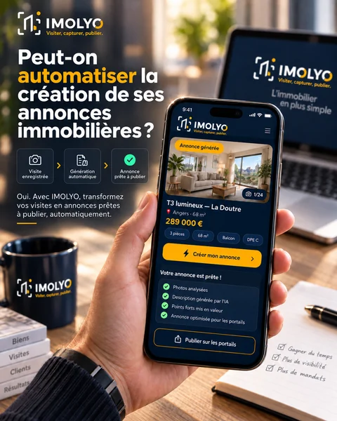 Chaîne de préparation d'une annonce immobilière en trois étapes : visite enregistrée, génération automatique, annonce prête à publier, avec les photos analysées et les points forts mis en valeur