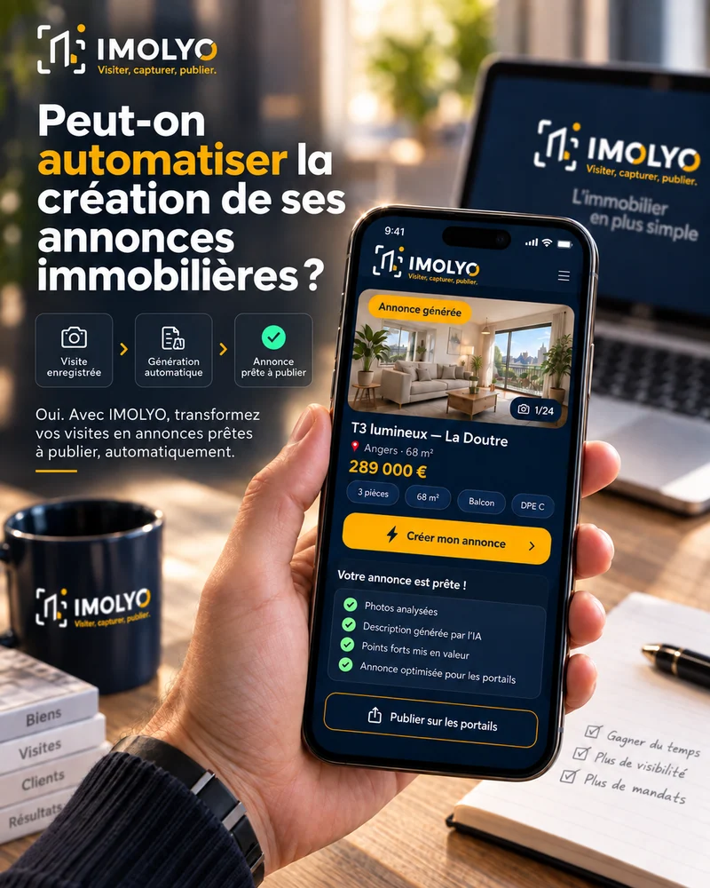 Chaîne de préparation d'une annonce immobilière en trois étapes : visite enregistrée, génération automatique, annonce prête à publier, avec les photos analysées et les points forts mis en valeur