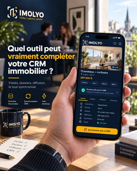 Fiche d'un appartement T3 de 68 m² à Angers dans IMOLYO, prête pour le CRM : type de bien, surface, adresse, référence et statut renseignés, avec un bouton de synchronisation