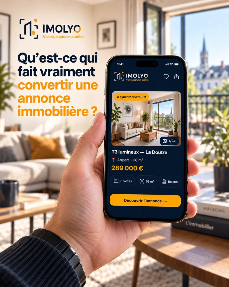 Annonce d'un T3 lumineux de 68 m² à Angers à 289 000 € affichée sur téléphone, avec ses caractéristiques structurées et son étiquette DPE