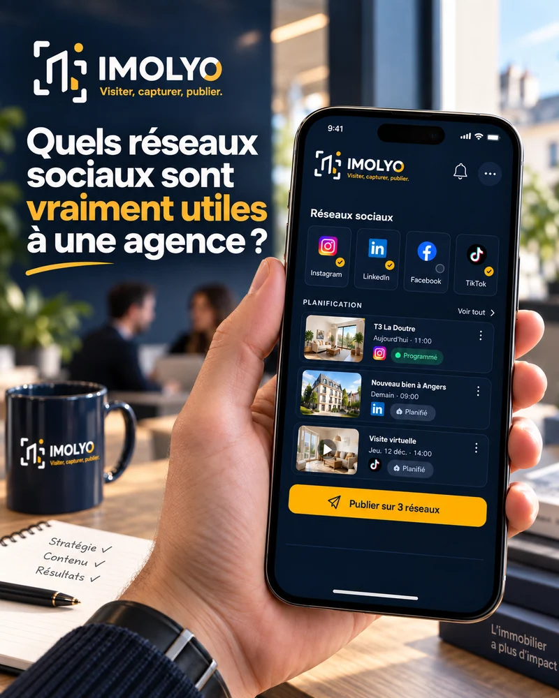 Planification de publications immobilières sur Instagram, LinkedIn, Facebook et TikTok depuis IMOLYO, avec trois posts programmés sur les jours suivants